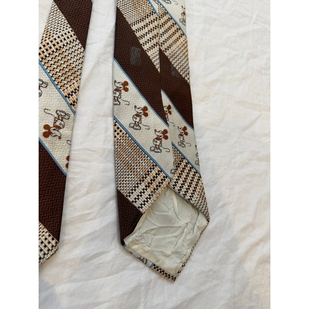 Vintage Mickey Mouse Disney Men Brown Tan Diagonal Stripe Character Necktie